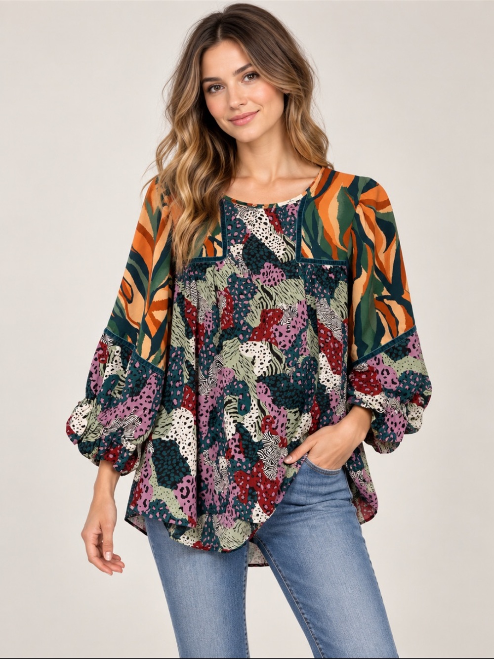 Umgee Boho Patchwork Printed Peasant Top - Multicolor Flowy Blouse Size S